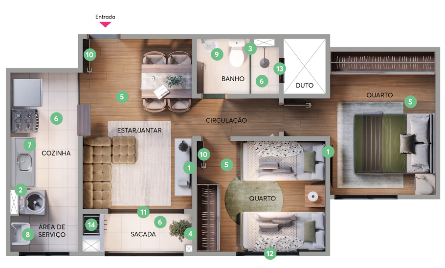 Planta Apartamento com sacada e churrasqueira do Residencial Linz - Apto. 204 - Torre 01