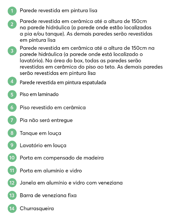 Legenda de acabamentos - Apartamento com sacada e churrasqueira
