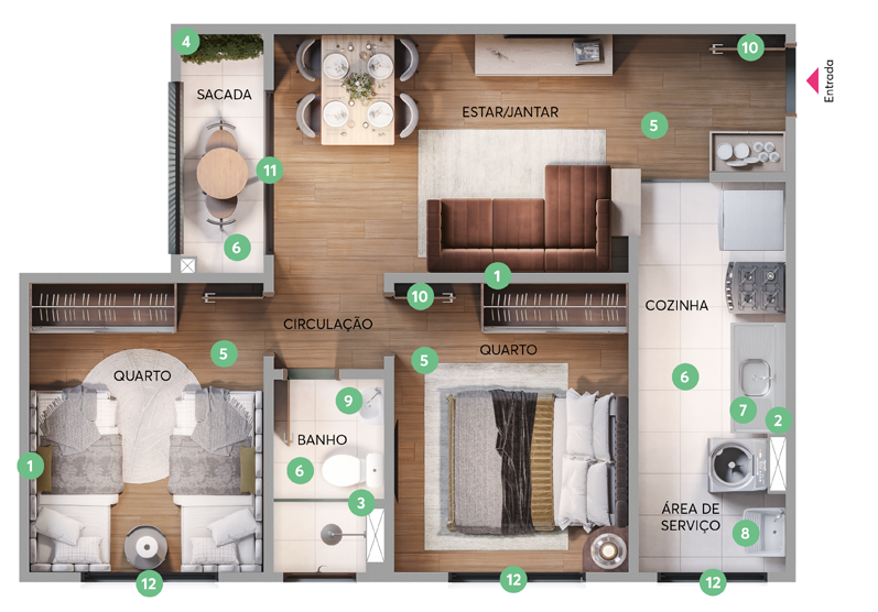 Planta Apartamento com sacada do Residencial Linz - Apto. 202 - Torre 01