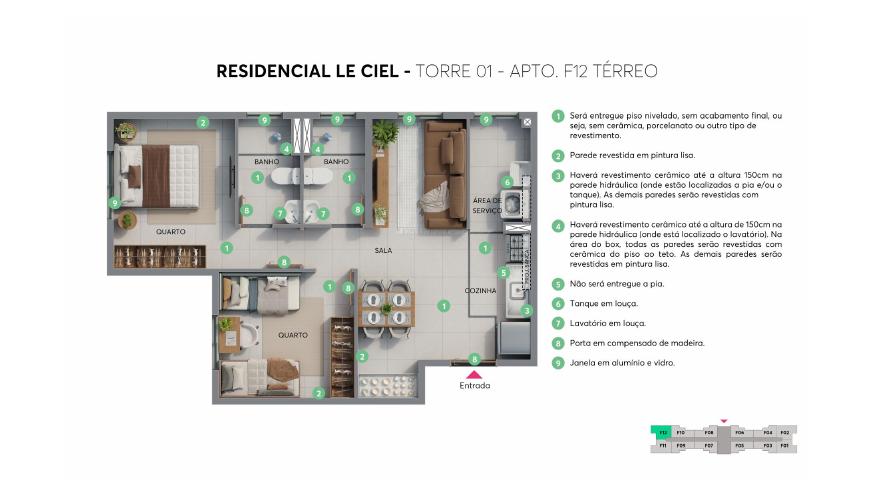 Planta Torre 01 apto F12 térreo do Residencial Le Ciel