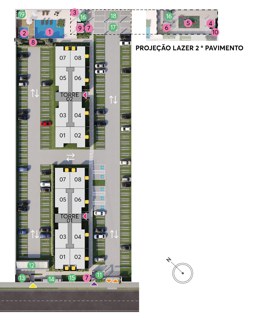 Mapa de implantação do Residencial Linz com torres, vagas, acessos e área de lazer