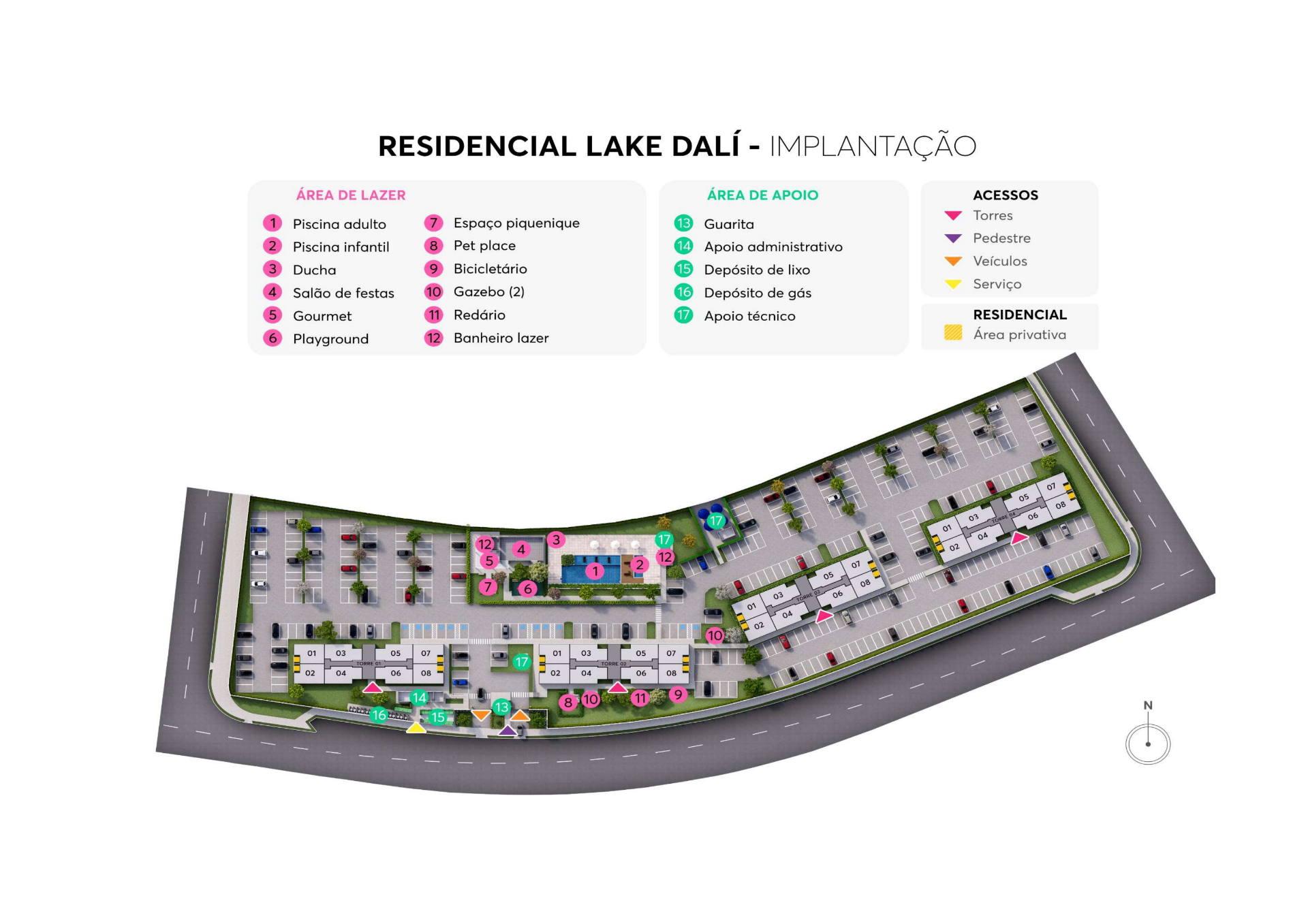 Implantação completa do Residencial Lake Dalí com áreas de lazer, torres e acessos