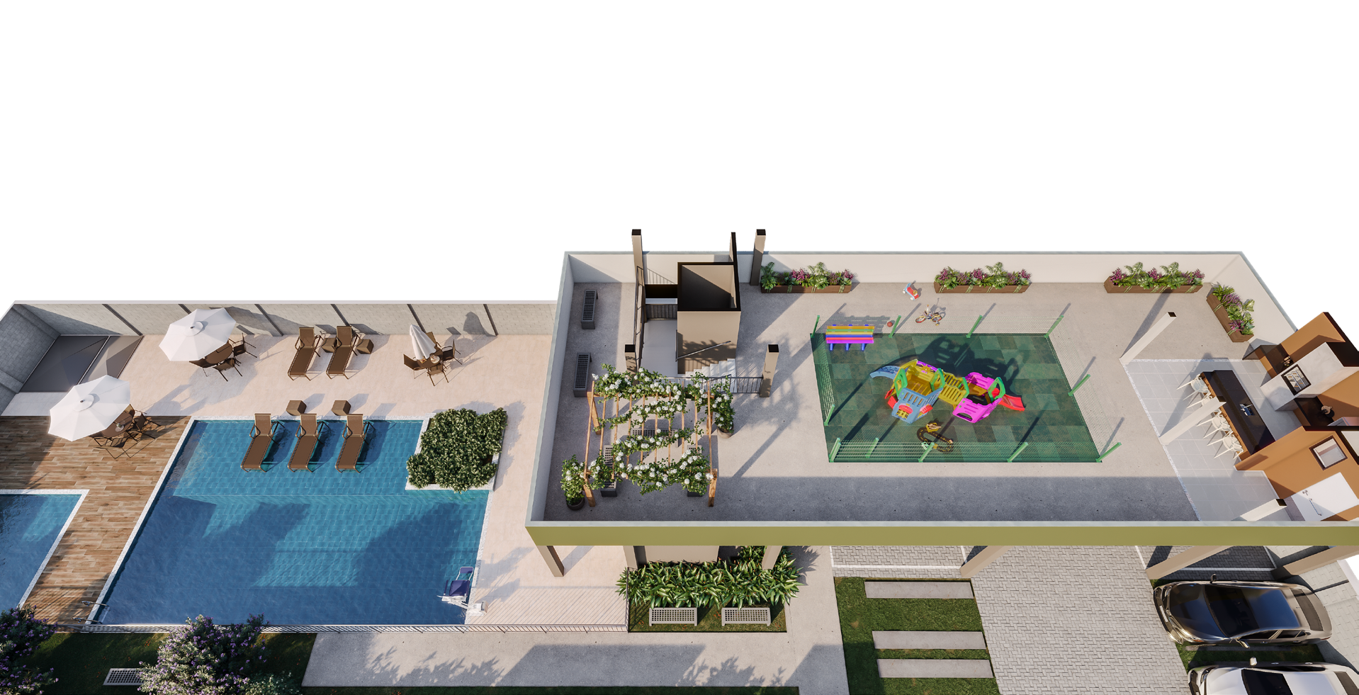 Vista 3D da área de lazer do Residencial Linz