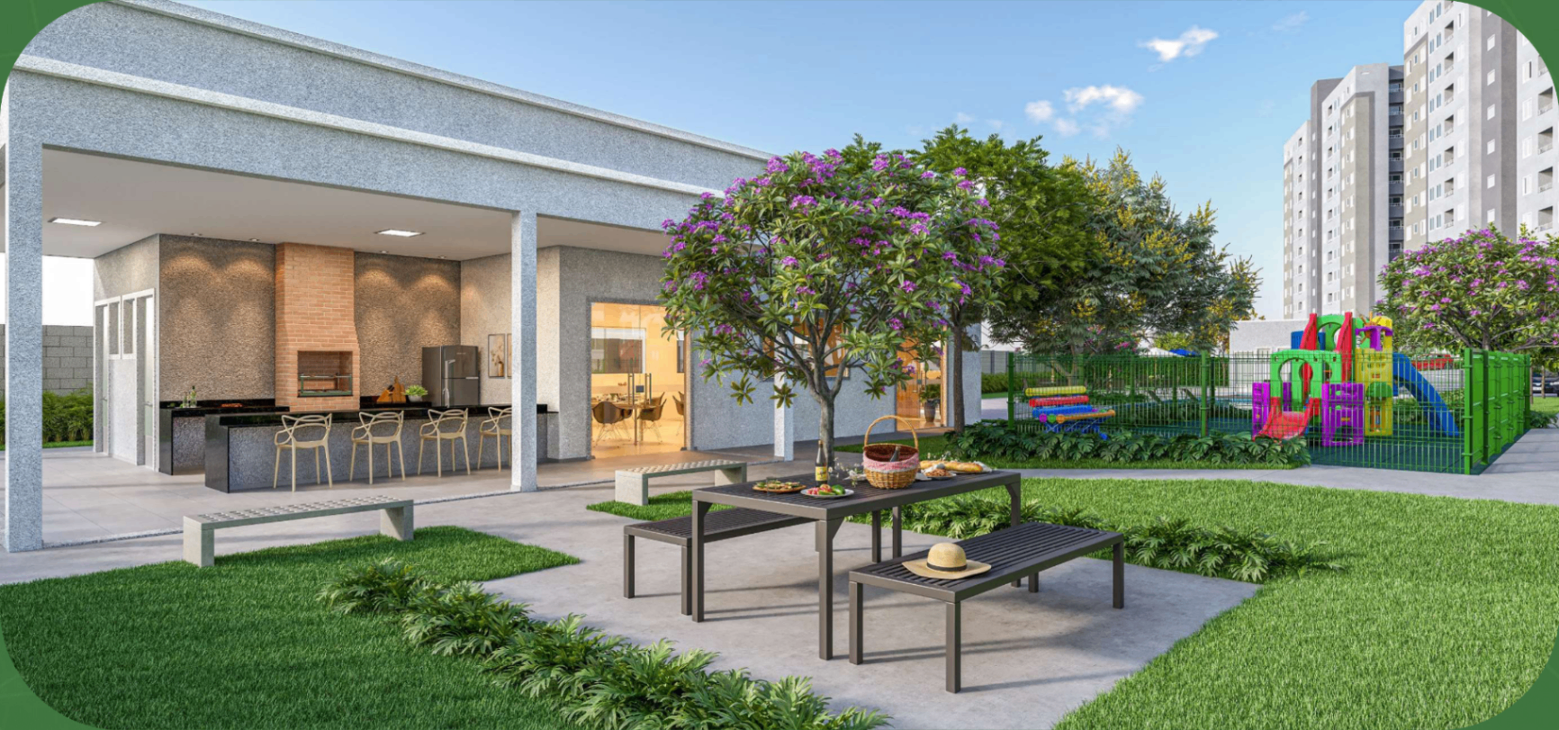 Área gourmet e playground do Residencial Lake Dalí