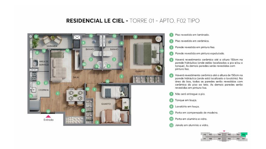 Planta Torre 01 apto F02 tipo do Residencial Le Ciel