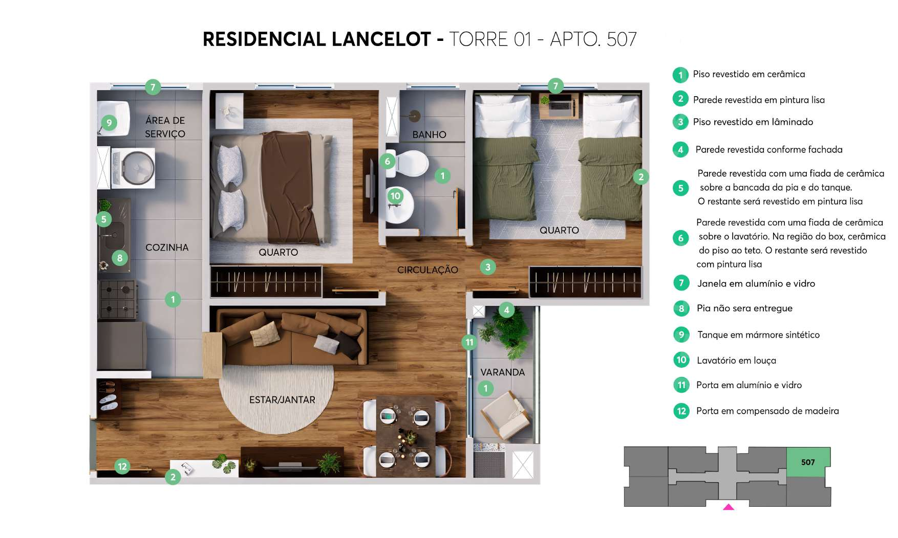 Torre 01 — Apto 507 (Pavimento tipo)