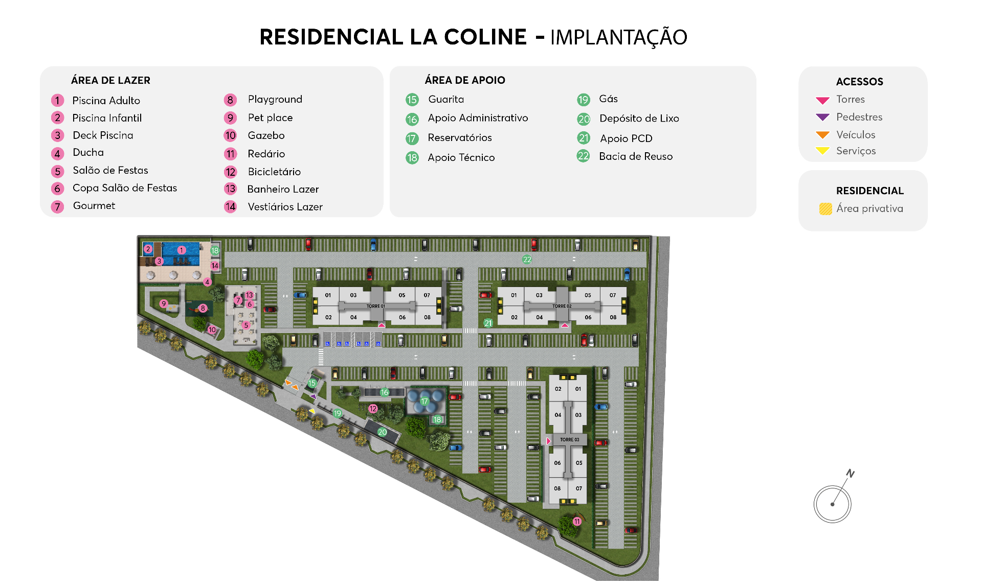 Implantação do Residencial La Coline com legendas de lazer e apoio