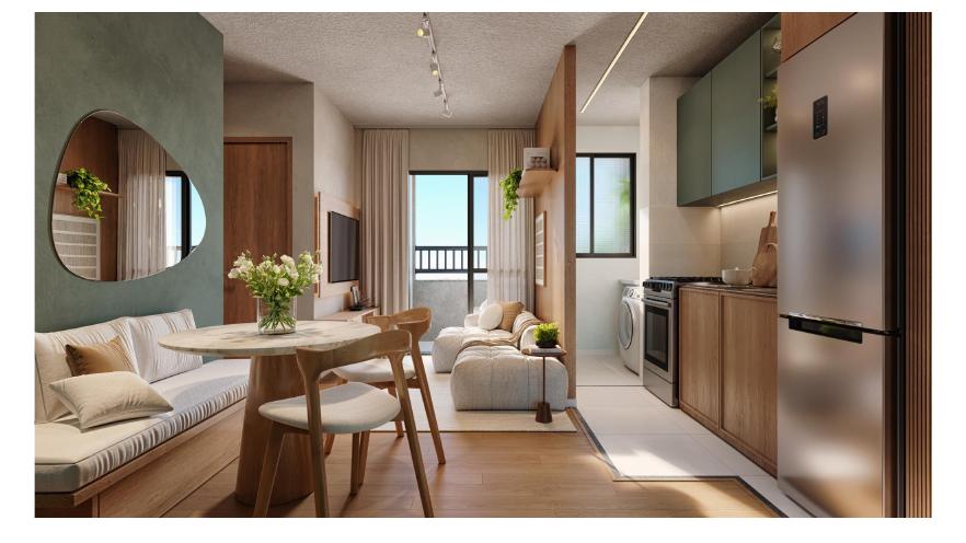 Sala e cozinha integradas do apartamento Le Ciel