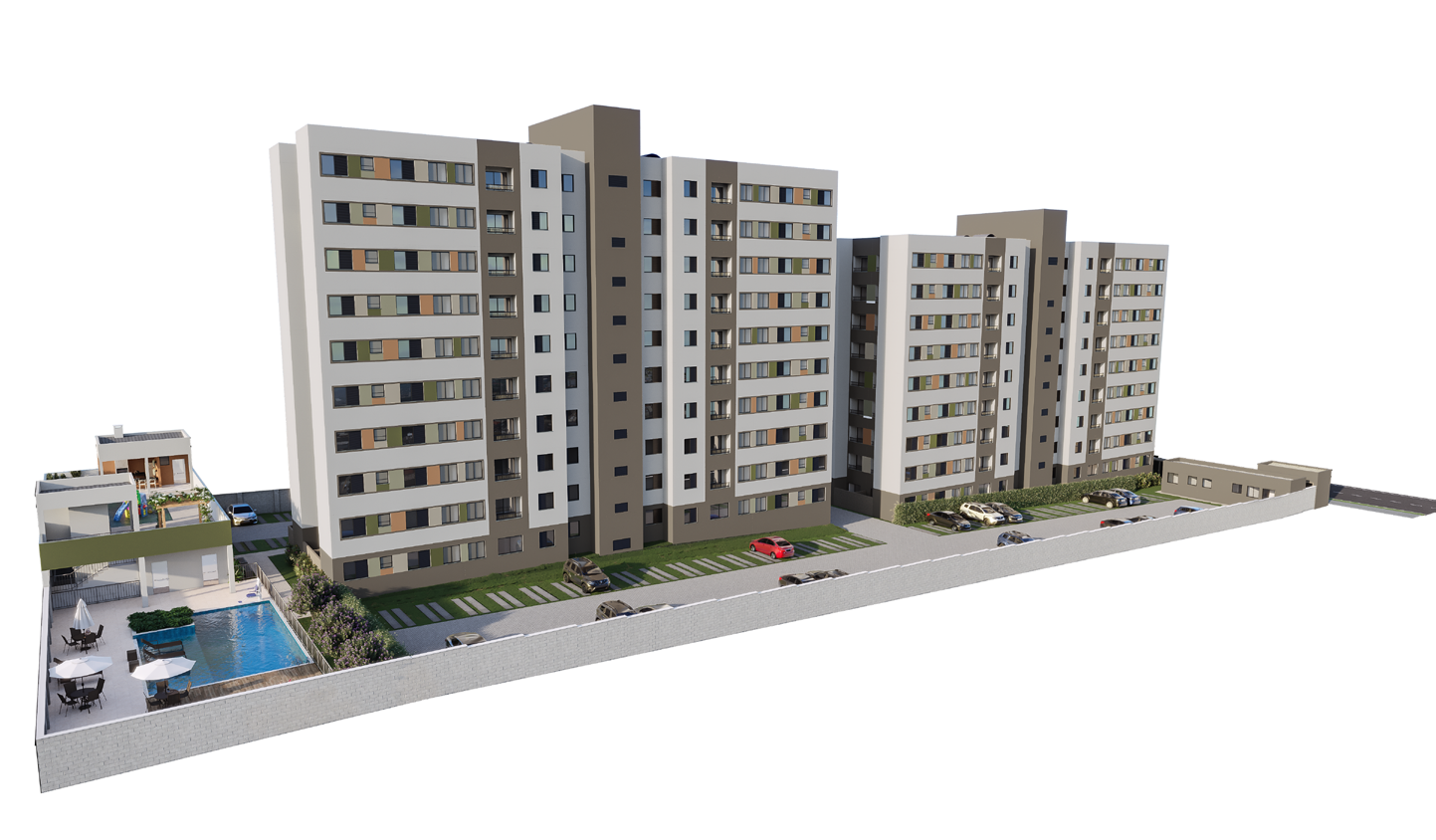 Implantação 3D do Residencial Linz com as torres, fachadas e área de lazer